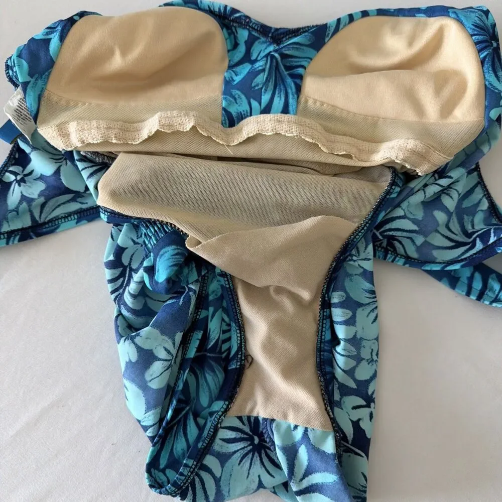 Vtg Maxine of Hollywood Sz 12 Blue Floral One Piece Swimsuit Ruched Tropical 90s